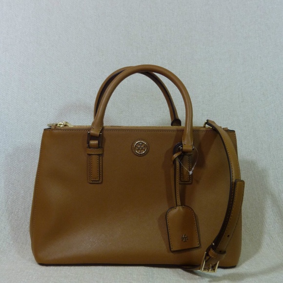 NEW Tory Burch Robinson Mini Double-Zip Tigers Eye Tan Leather Tote Bag/Satchel - Picture 2 of 14